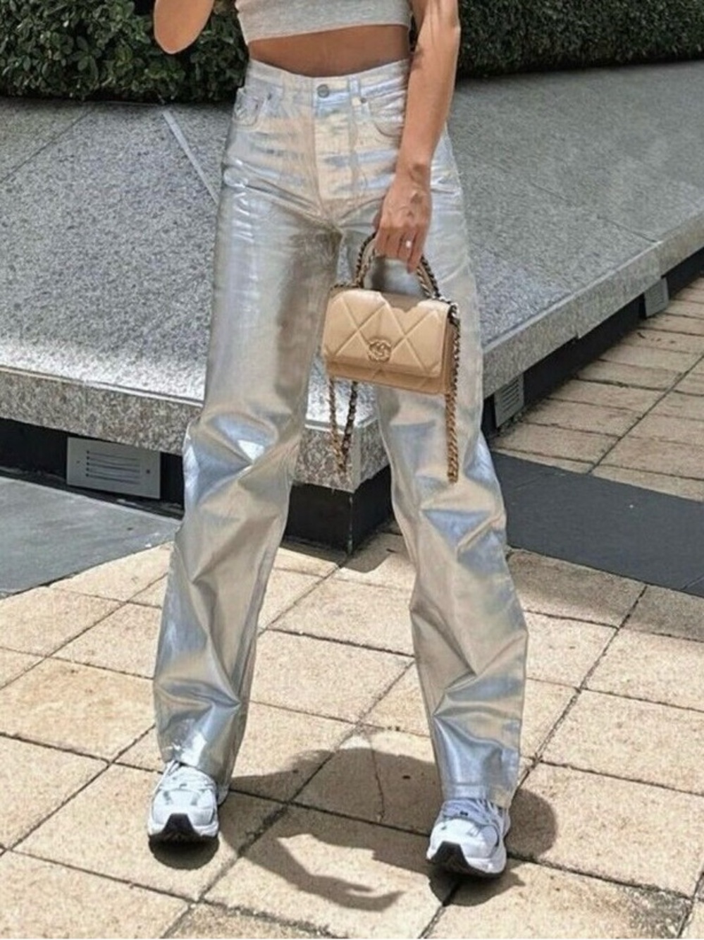 Zara Metallic Silver Boyfriend Jeans